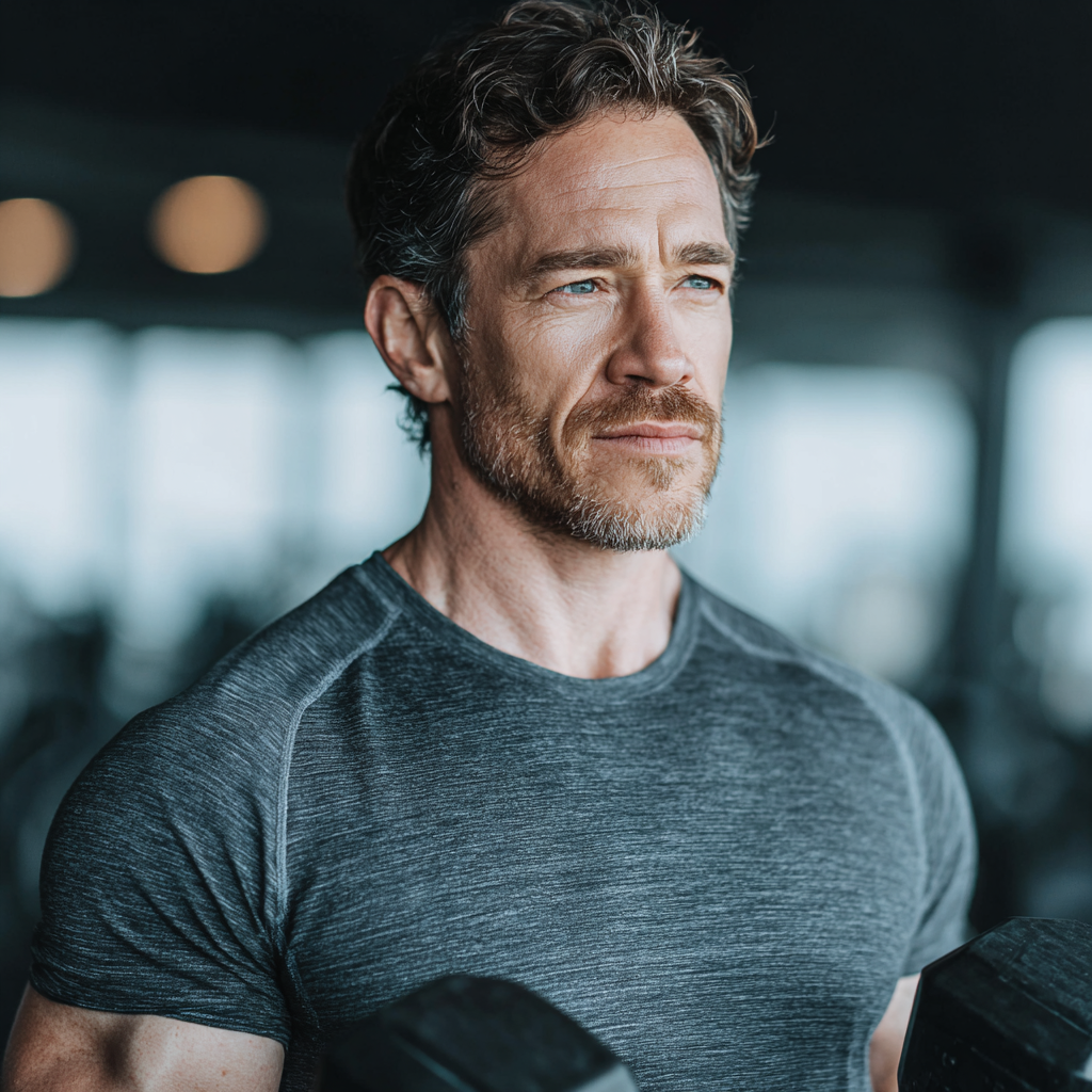 Confident middle-aged man in his 40s doing strength training with dumbbells in a modern gym, focused and determined expression