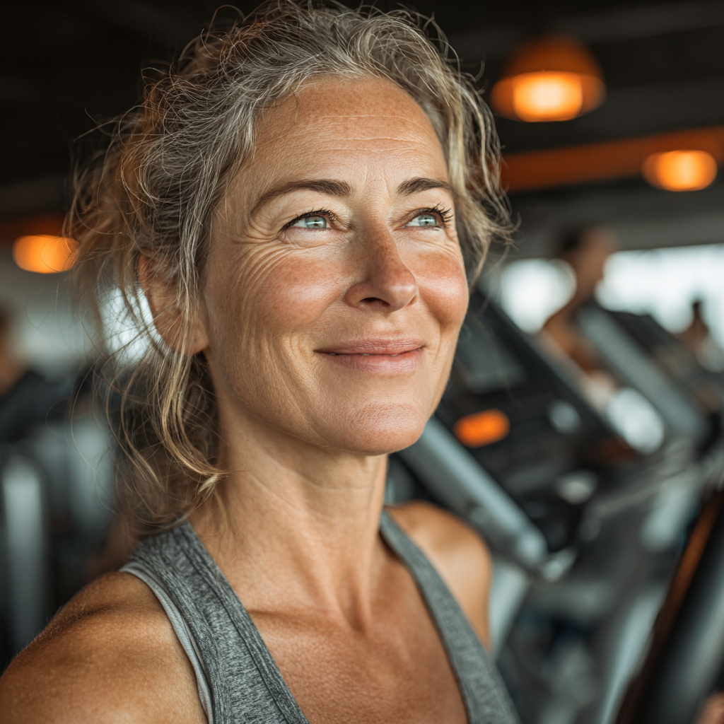 Smiling woman in her 50s using exercise equipment in a bright fitness studio, wearing comfortable workout attire and showing positive energy
